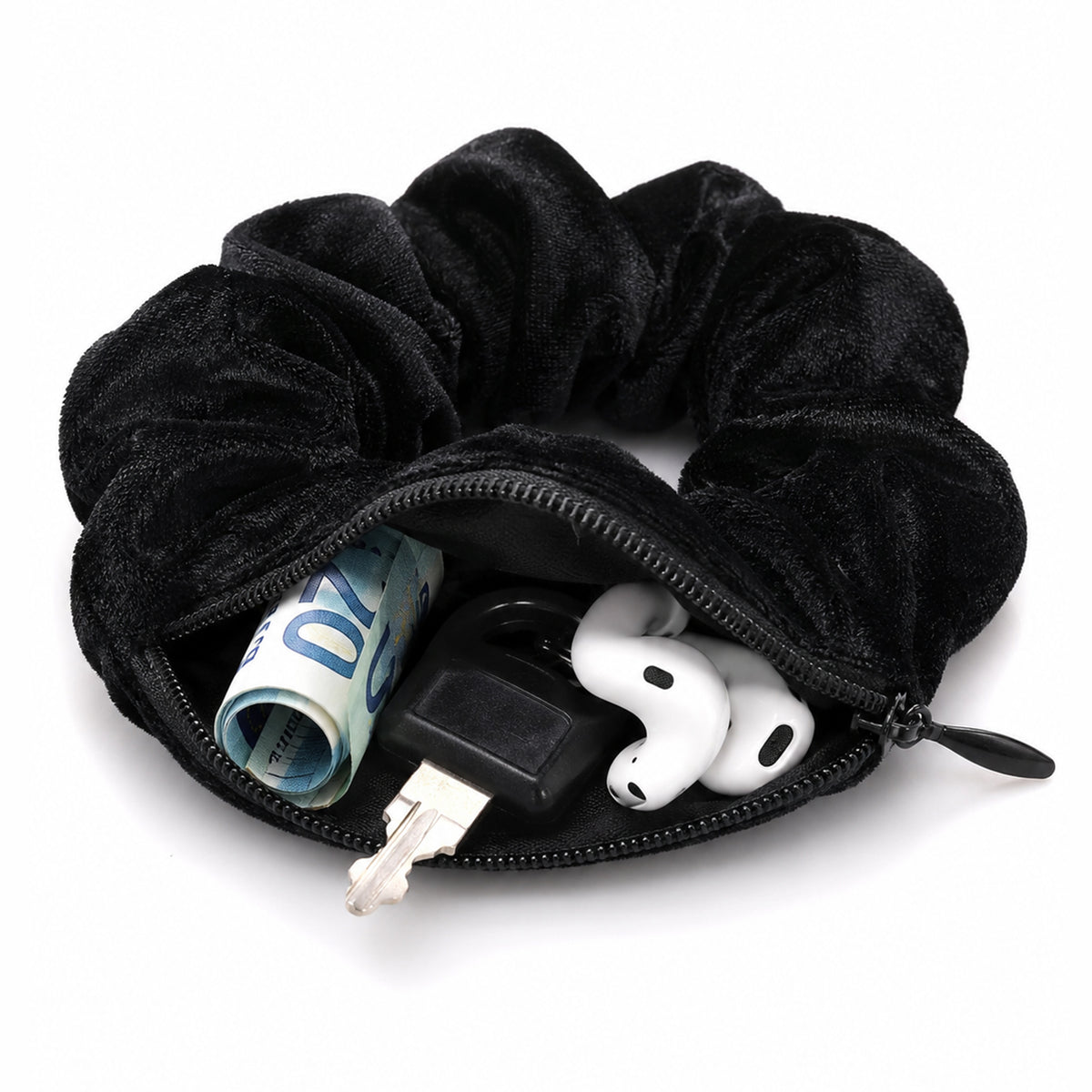 Scrunchie Haargummi mit Geheimfach – unauffälliges Versteck für Geld, Schlüssel & Kopfhörer